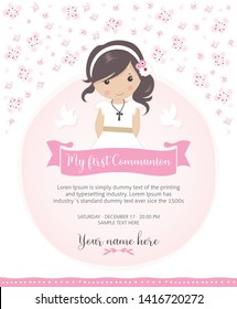 My first communion invitation. Beautiful girl with communion dress and cute flower frame