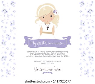 My first communion invitation. Beautiful girl with communion dress and cute flower frame