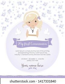 My first communion invitation. Beautiful girl with communion dress and cute flower frame