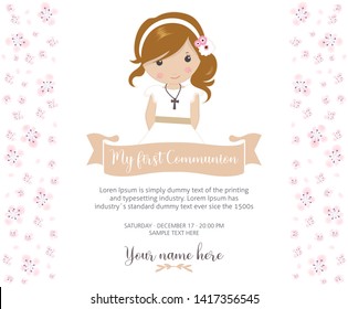 My first communion invitation. Beautiful girl with communion dress and cute flower frame