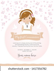 My first communion invitation. Beautiful girl with communion dress and cute flower frame svg