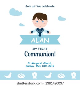 My first communion invitation with message on blue background - Vector