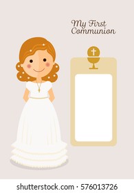My first communion invitation with message and curly hair girl