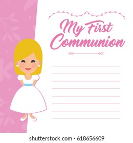 My first communion invitation with message on pink background. Vector
