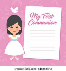 My first communion invitation with message on pink background. Vector