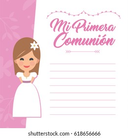 My first communion invitation with message on pink background. Vector