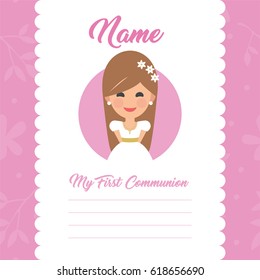 My first communion invitation with message on pink background. Vector