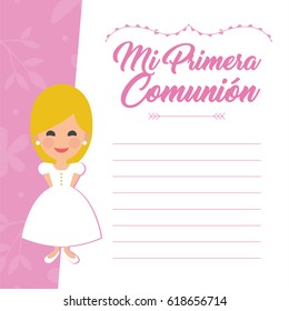 My first communion invitation with message on pink background. Vector