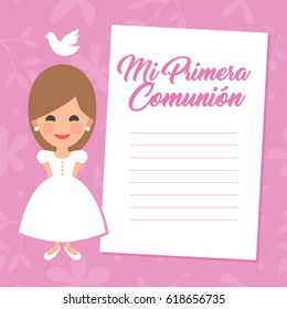 My first communion invitation with message on pink background. Vector