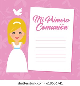 My first communion invitation with message on pink background. Vector