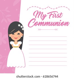 My first communion invitation with message on pink background. Vector
