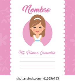 My first communion invitation with message on pink background. Vector