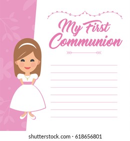 My first communion invitation with message on pink background. Vector