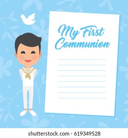 My first communion invitation with message on blue background. Vector
