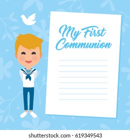 My first communion invitation with message on blue background. Vector
