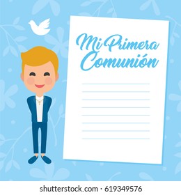 My first communion invitation with message on blue background. Vector

