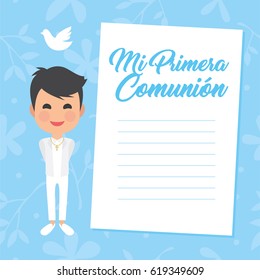 My first communion invitation with message on blue background. Vector
