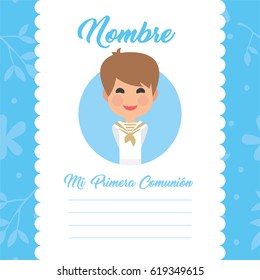 My first communion invitation with message on blue background. Vector
