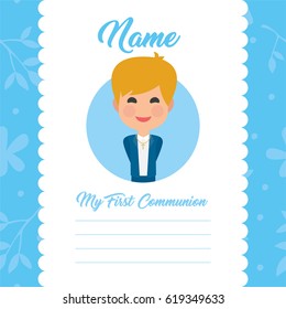 My first communion invitation with message on blue background. Vector
