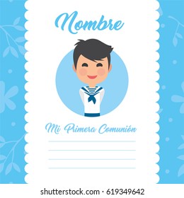 My first communion invitation with message on blue background. Vector
