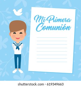 My first communion invitation with message on blue background. Vector
