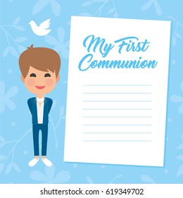 My first communion invitation with message on blue background. Vector
