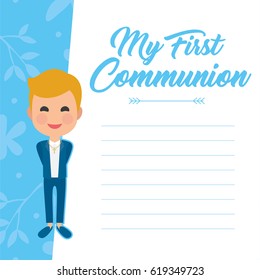 My first communion invitation with message on blue background. Vector
