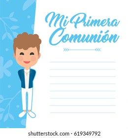 My first communion invitation with message on blue background. Vector
