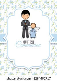 My first communion. Little boy with angel and blank space for text