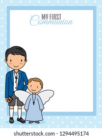 my first communion. Little boy with angel and blank space for text