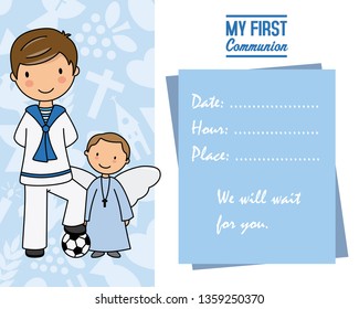 my first communion. Little boy with angel and place for text