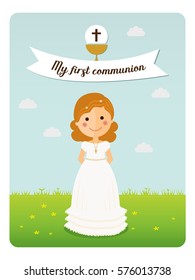My first communion reminder with curly hair girl and blue sky background
