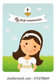 My first communion reminder with foreground girl and blue sky background