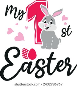 My first Easter. Cute design with rabbit. Vector