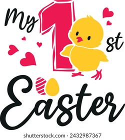 My first Easter. Cute design with baby chick. Vector