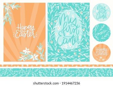 My first Easter greeting card for baby and Happy Easter wall art set for baby or kid nursery decoration with egg silhouette and floral background. Vector hand drawn graphic.