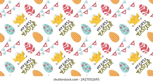 My first Easter handwritten lettering with chick character. Horizontal seamless pattern design with eggs and garlands. Festive gift paper. Easter hand drawn flat vector illustration isolated on white