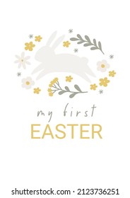 
My first Easter. Happy cute cartoon card for baby. Vector illustration