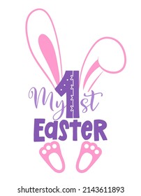 My first Easter - happy Easter Day lettering greeting card set. Handmade calligraphy vector illustration. Good for posters, textiles, gifts. Baby girl greeting label.