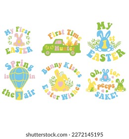 My first Easter modern vector design with bunny ears and eggs. Easter quote for baby. Vector illustration greeting card templates with bunny in Groovy style