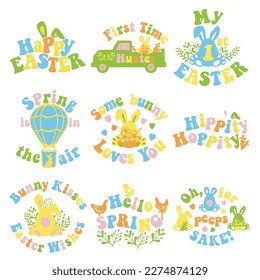 My first Easter modern vector design with bunny ears and eggs. Easter quote for baby. Vector illustration greeting card templates with bunny in Groovy style