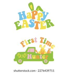 My first Easter modern vector design with bunny ears and eggs. Easter quote for baby. Vector illustration greeting card templates with bunny in Groovy style