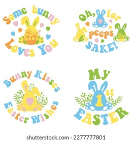 My first Easter modern vector design with bunny ears and eggs. Easter quote for baby. Vector illustration greeting card templates with bunny in Groovy style