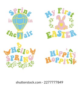 My first Easter modern vector design with bunny ears and eggs. Easter quote for baby. Vector illustration greeting card templates with bunny in Groovy style