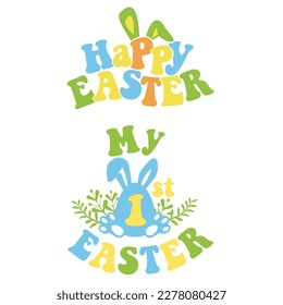 My first Easter modern vector design with bunny ears and eggs. Easter quote for baby. Vector illustration greeting card templates with bunny in Groovy style