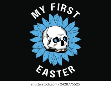 My first Easter modern vector design with white skull head and blue leaves. Easter quote for baby. Vector illustration greeting card templates with bunny
