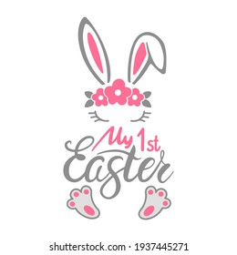 My first Easter quote with Bunny baby girl isolated on white background. Easter bunny icons. Vector flat illustration. Design for textile, greeting card, print.