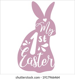 My first Easter vector calligraphy. Bunny silhouette with hand drawn Easter quote for baby. Vector illustration greeting card templates with bunny 