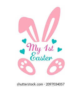 My first Easter vector design with bunny ears and hearts. Number with rabbit. Easter quote for baby. Vector illustration greeting card template isolated on white