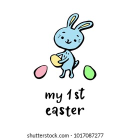 My first Easter.Card with cute bunny.Vector illustration.